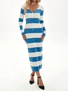Calvaya Vestido elegante de manga larga con cuello en U y diseño oversize, unicolor, para otoño