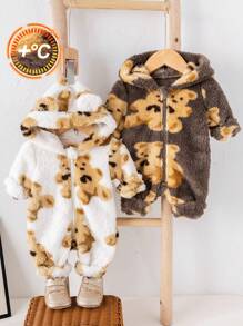 SHEIN Set de 2 piezas de Pelele con capucha estampado de osito de peluche suave y lindo para bebé recién nacido niño/niña, adecuado para uso en interiores y exteriores en otoño e invierno