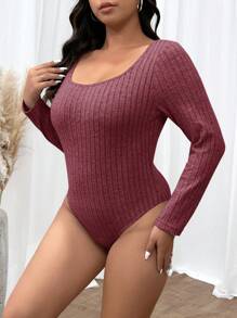 SHEIN Frenchy Conjunto de 2 piezas de body y pantalones de punto acanalado de talla grande, conjunto de entrenamiento cómodo, chándal, estilo casual, body de manga larga y pantalones de pierna ancha, ropa básica esencial de otoño e invierno