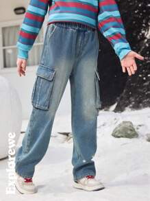 SHEIN Tween Boy Casual Street Style Blue Washed Flap Pocket Loose Straight Leg Cargo Jeans - Blue - View 3