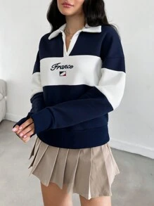 EURMUSE College Look Flag Embroidered Fleece Back Color Block Collar Sweatshirt - Multicolor - View 1