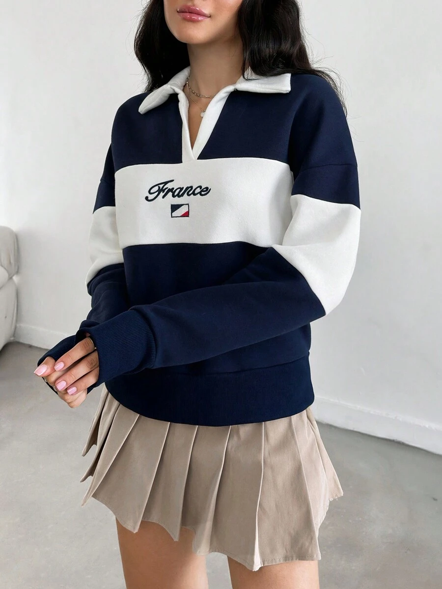 EURMUSE College Look Flag Embroidered Fleece Back Color Block Collar Sweatshirt - Multicolor - View 1
