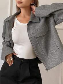 DAZY 1pc Women's Solid Color Loose Long Sleeve Zipper Collar Jacket,Fall Women Clothes Women Coats - Grey - View 6