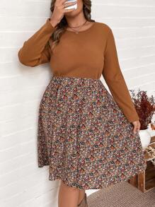 SHEIN VCAY Plus Size Khaki Patchwork Ditsy Floral Round Neck Long Sleeve Midi Dress, Colorblock Casual Warm Thanksgiving Dress