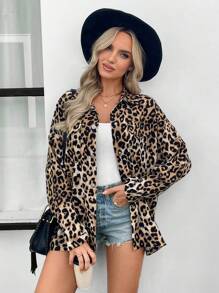 SHEIN LUNE Áo khoác thường ngày họa tiết da báo dài tay cài nút phía trước dành cho nữ - Nhiều màu - Xem 5