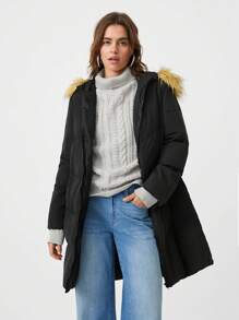 SHEIN EZwear Áo khoác đệm có mũ trùm đầu có khóa kéo viền lông - màu đen - Xem 4
