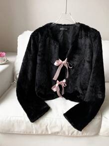 Muchica Women's Autumn/Winter Black Fluffy Contrast Pink Ribbon Bowknot Fitted Fluffy Jacket - Black - View 1