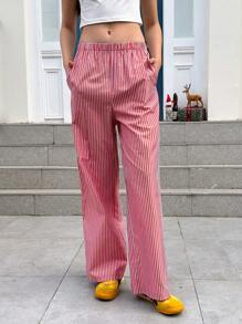 Jouncy Women's Striped Straight-Leg Casual Pants With Pockets Fall Cloth For Women - Burgundy - View 1