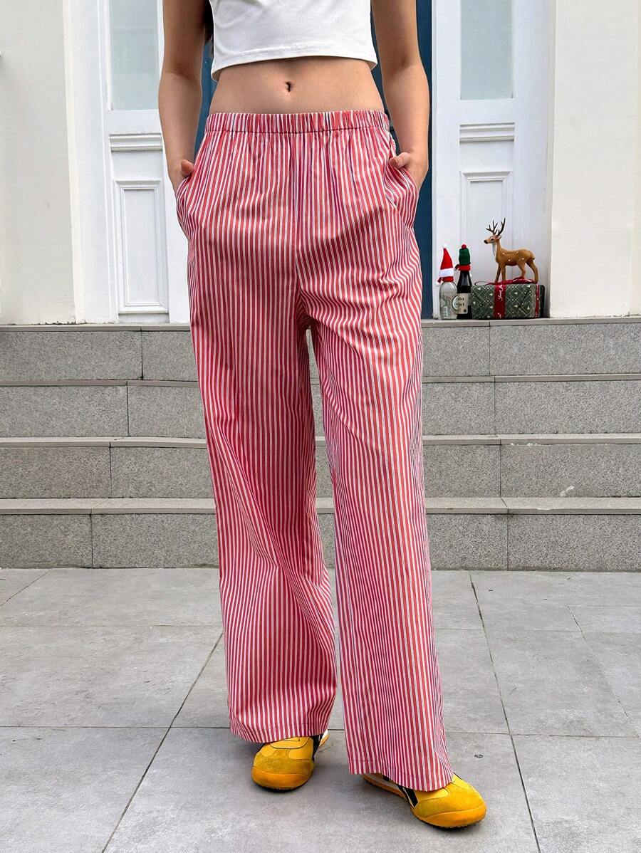 Jouncy Women's Striped Straight-Leg Casual Pants With Pockets Fall Cloth For Women - Burgundy - View 1