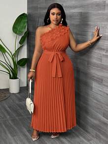 Slaydiva Elegant Luxurious Party Oblique Shoulder Asymmetrical Ruffle Hem Drape Fabric Apricot Summer Dress, Plus Size - Redwood - View 3