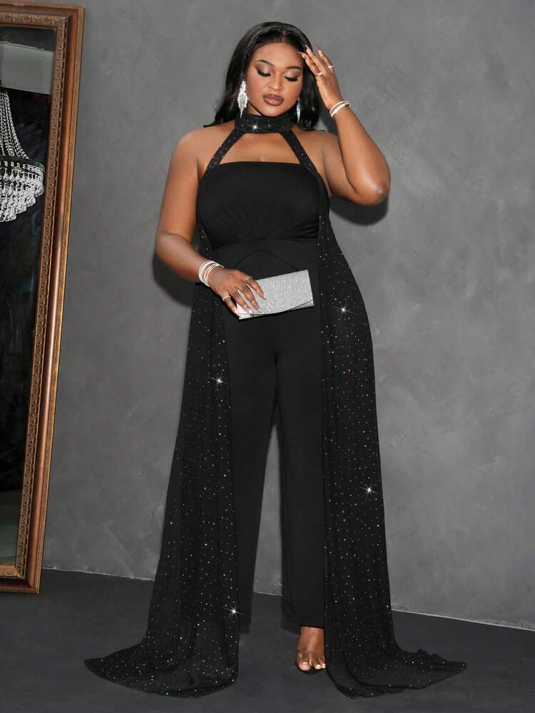 Slaydiva 大码女式亮片装饰简约连体裤，休闲日常穿着 - 黑色 - 查看 5