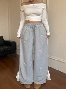 Flirla Plus Size High Waist Casual Sweatpants With Bow Print Patchwork, Suitable For Back To School Season - Grey - View 4
