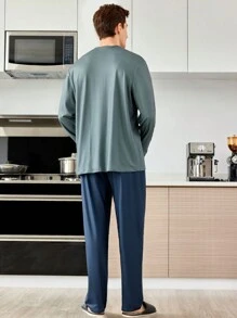 2 件套男士灰色拼色红蓝长袖上衣和长裤套装