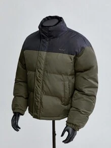 Manfinity VCAY 年轻男士时尚休闲长袖棉服夹克，日常穿着，缝线英式刺绣细节，宽版剪裁，适合秋冬 - 軍綠色 - 查看 6