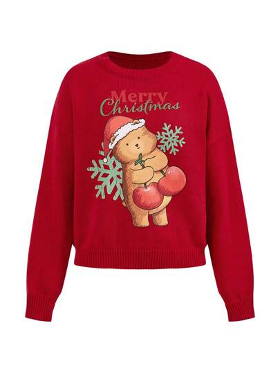 Carol Caju Artist Merry Christmas Red Xmas Bear & Cherry Graphic Women's Crew Neck Sweater, Suitable For Autumn/Winter, Holiday, New Year, Festival