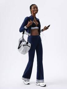 VARSITIE 衬衫领长袖低腰喇叭裤条纹缎带保暖衬里两件套西装 - 藏蓝色 - 查看 1