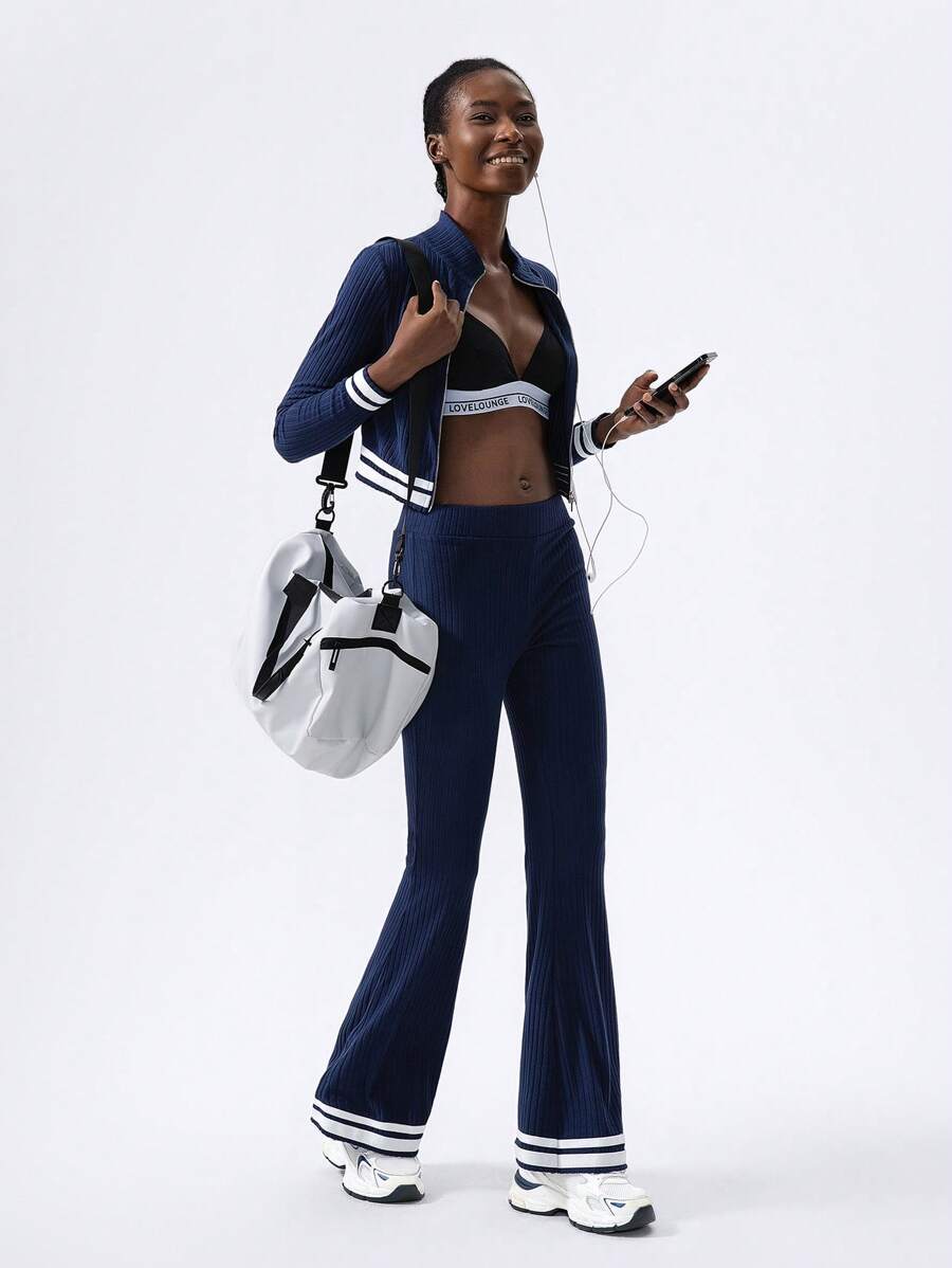 VARSITIE 衬衫领长袖低腰喇叭裤条纹缎带保暖衬里两件套西装 - 藏蓝色 - 查看 1