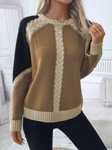 SHEIN LUNE Áo len chui đầu dệt kim màu tương phản cổ tròn thường ngày - Lạc đà - Xem 6