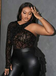 Slaydiva 大码女式性感优雅网眼植绒镂空褶皱修身衬衫