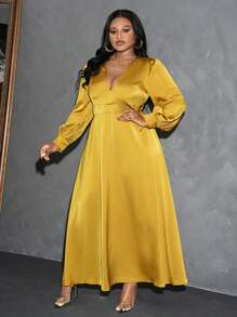 Slaydiva Váy lụa satin dáng chữ A rộng cổ chữ V sâu màu vàng trơn thanh lịch, gợi cảm, dự tiệc, tụ tập, hẹn hò, buổi tối dành cho phụ nữ ngoại cỡ, mùa xuân/thu - Màu vàng - Xem 6