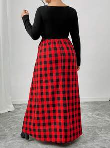 SHEIN Frenchy Plus Size Casual Patchwork Plaid Round Neck Long Sleeve Dress For Autumn