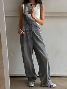 DAZY 女式宽松休闲可调节肩带牛仔工装裤，带口袋 - 灰色 - 查看 5