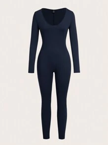 SHEIN SXY Set de 2 piezas Mono ajustado de manga larga cuello redondo de unicolor para mujer para otoño