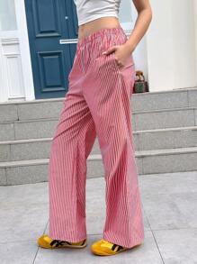 Jouncy Women's Striped Straight-Leg Casual Pants With Pockets Fall Cloth For Women - Burgundy - View 4