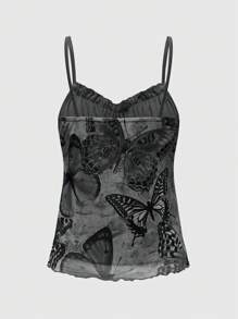 ROMWE Fairycore Women's Fashion Butterfly Print Frill Strap Tank Top, Summer - Black and White - View 2