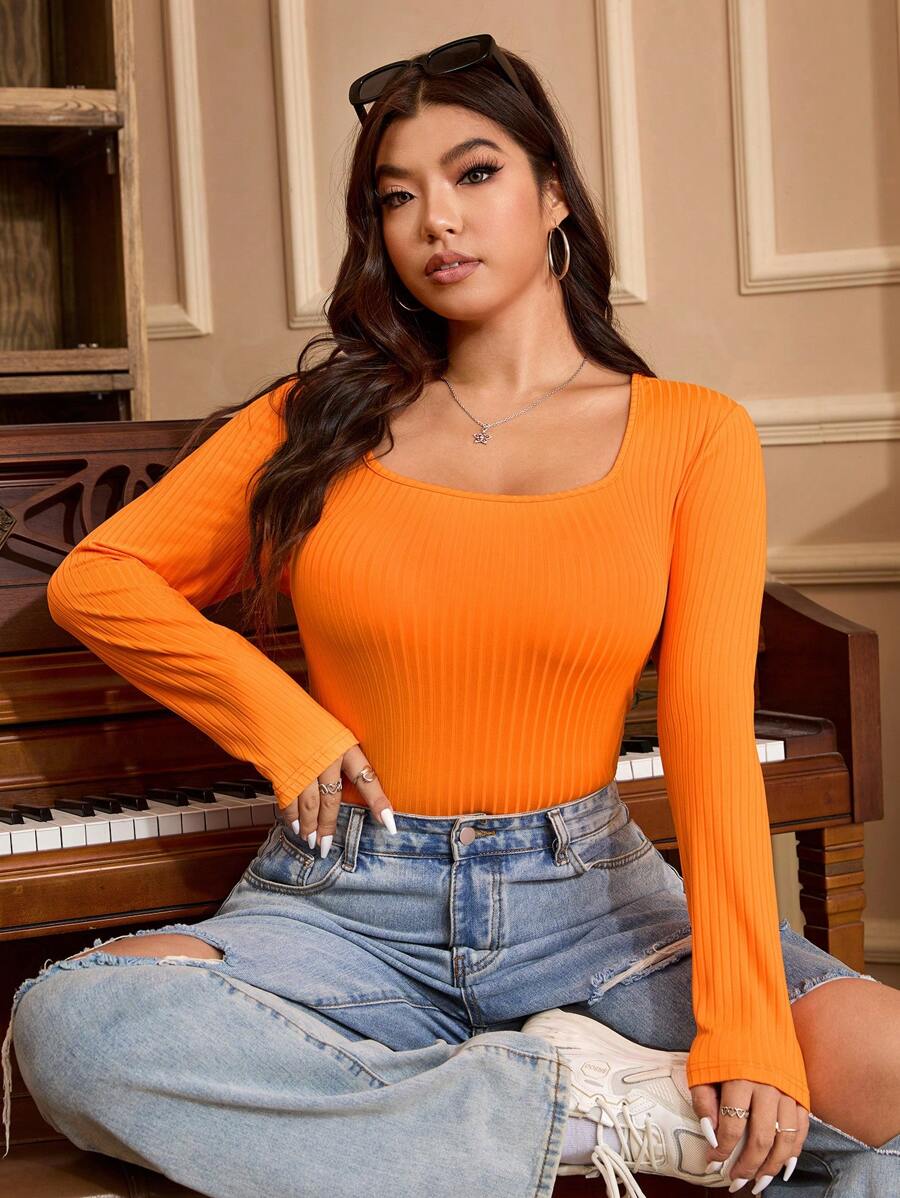 CovetEZ Áo thun trơn cổ tròn dài tay cỡ lớn thường ngày - trái cam - Xem 1