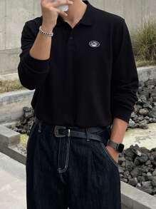 DAZY Men's Casual Long Sleeve Polo Shirt With Label, Black, Autumn Business Attire - Black - View 7