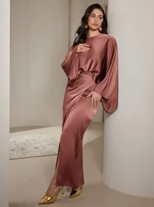 Veilorie Bộ 2 áo thun tay cánh dơi cổ tròn màu trơn cho nữ và chân váy maxi thanh lịch, bộ 2 món thời trang thu đông khiêm tốn - Gỗ đỏ - Xem 2