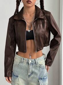 StreetHx Y2k Cropped Burgundy Leather Zip-Up Jacket - Maroon - View 6