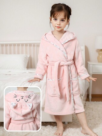 SHEIN Young Girl Cute Rabbit Embroidered Floral Pink Flannel Casual Pajama Robe Loungewear, Autumn/Winter