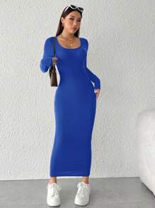SHEIN PETITE Women's Autumn Solid Color Round Neck Long Sleeve Maxi Fitted Elegant Dress