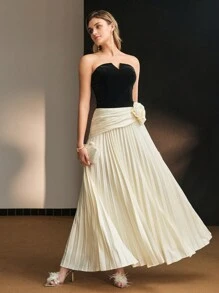 MOTF PREMIUM TWO TONE VELVET BODICE STEREO FLOWER PLEATED HEM TUBE LONG DRESS - Multicolor - View 9