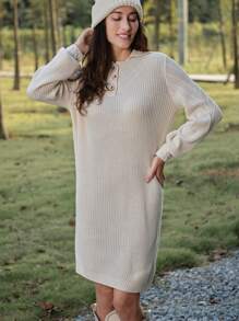 LanaWest Váy len dệt kim tối giản màu trơn, thường ngày cho mùa thu/đông - Màu be - Xem 1