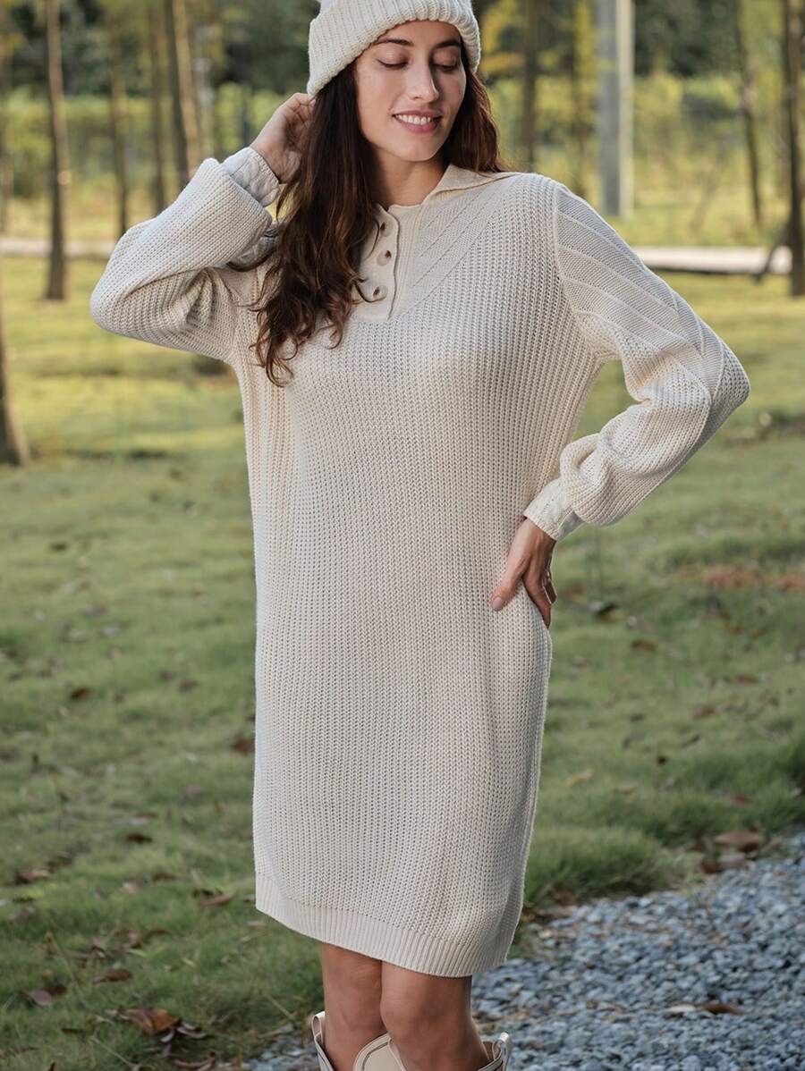 LanaWest Váy len dệt kim tối giản màu trơn, thường ngày cho mùa thu/đông - Màu be - Xem 1