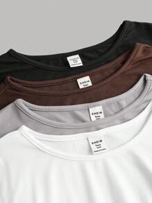 SHEIN Girlism Teen Girl Buy 1 Get 3 Free 4pcs/Set /Black White Gray Brown/Knit Solid Color Round Neck Ruched Long Sleeve T-Shirt