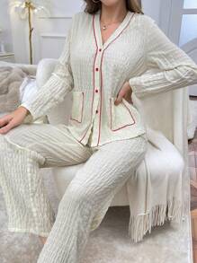 Conjunto de pijama de mujer con pantalón y cárdigan con textura y bolsillos con ribete en contraste
