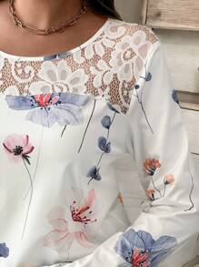 SHEIN LUNE Women Casual Floral Print Contrast Lace Loose Blouse