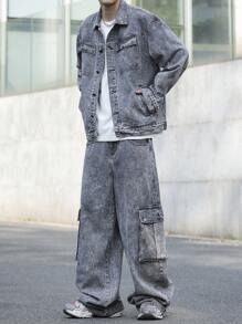 Manfinity EZcore Plus Size Men Casual Washed Jacket And Cargo Jeans 2 Pieces Set - Grey - View 4