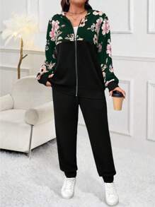 SHEIN LUNE 2 件套加大码花卉印花撞色连帽拉链长袖上衣和纯色裤子，秋冬 - 墨綠色 - 查看 7