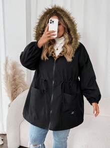 SHEIN CURVE+ 大码女式连帽长袖撞色抽绳毛绒边框填充冬季羊毛夹克 - 黑色 - 查看 7