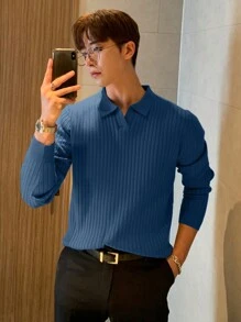 DAZY 男士纯色领口长袖休闲针织毛衣，秋冬 - 霧霾藍 - 查看 3