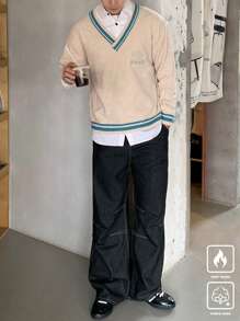 Manfinity CasualKnits Men's Plain Color V-Neck Long Sleeve Minimalist Sweater, Casual Everyday Wear