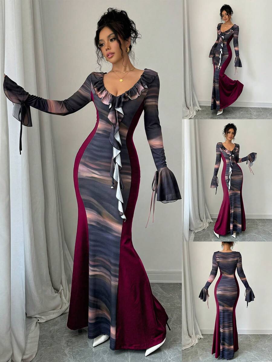 Chiquease 女士优雅合身喇叭下摆拼色长袖连衣裙，卡其色，秋季酒红色长款女装 - 酒紅色 - 查看 1