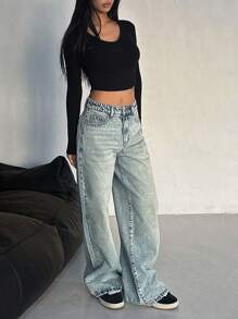 DAZY Women Casual Front Button Pocket Straight Leg Denim Jeans,Baggy Jeans