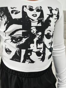 Conjunto de 2 piezas para niñas preadolescentes: Camiseta de manga larga ajustada con estampado de retrato y pantalones de utilidad de unicolor, conjunto de ropa informal para otoño/invierno