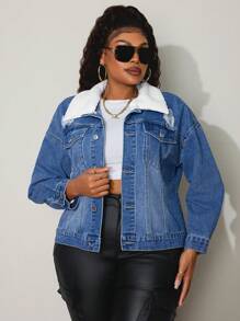 SHEIN SXY Plus Size Women Non-Stretch Denim Jacket With Sherpa Collar, Loose Fit Distressed Blue Denim Jacket For Autumn And Winter Christmas Thanksgiving - Medium Wash - View 4